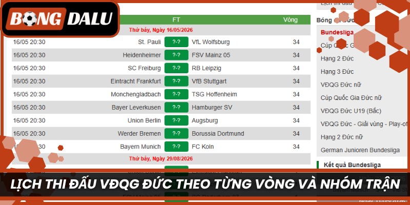 Lịch thi đấu VĐQG Đức theo từng vòng và nhóm trận