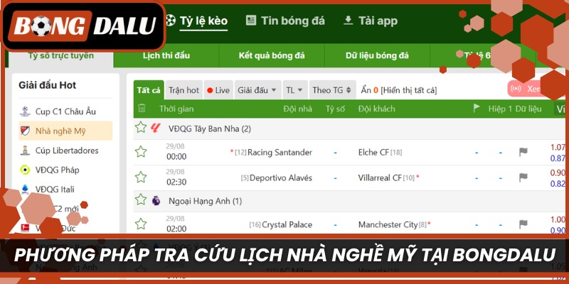 Phương pháp tra cứu lịch Nhà Nghề Mỹ tại Bongdalu